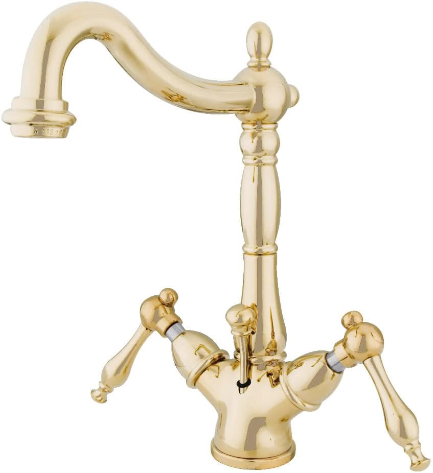 Kingston Brass KS1432NL 4-Inch Deck Mount Lavatory Faucet with Metal Lever Handle and Brass Pop-Up, Polished Brass