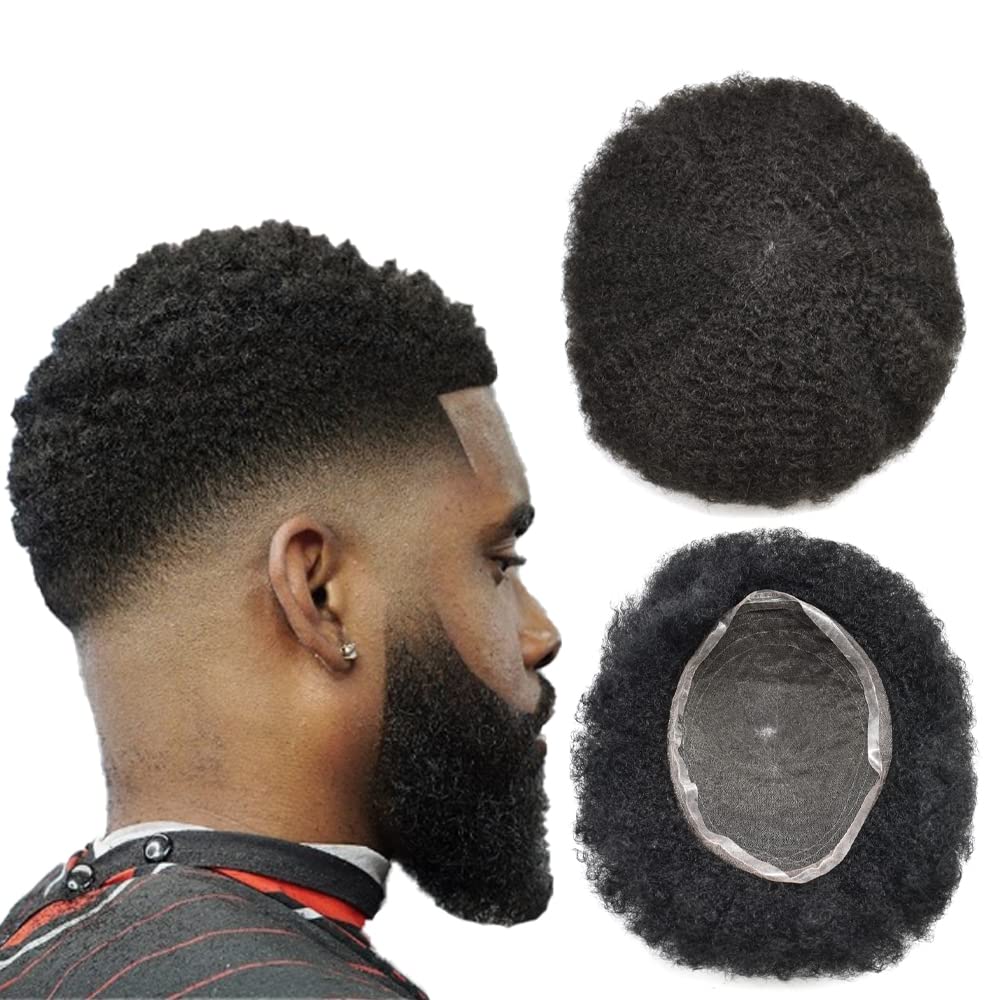 Hair Units For Black Men - Human Hair Replacement System - African American Toupee - Kinky Curly Toupee - Full French Lace - Afro Wigs (#1B OFF BLACK-AFRO WAVE 6MM)