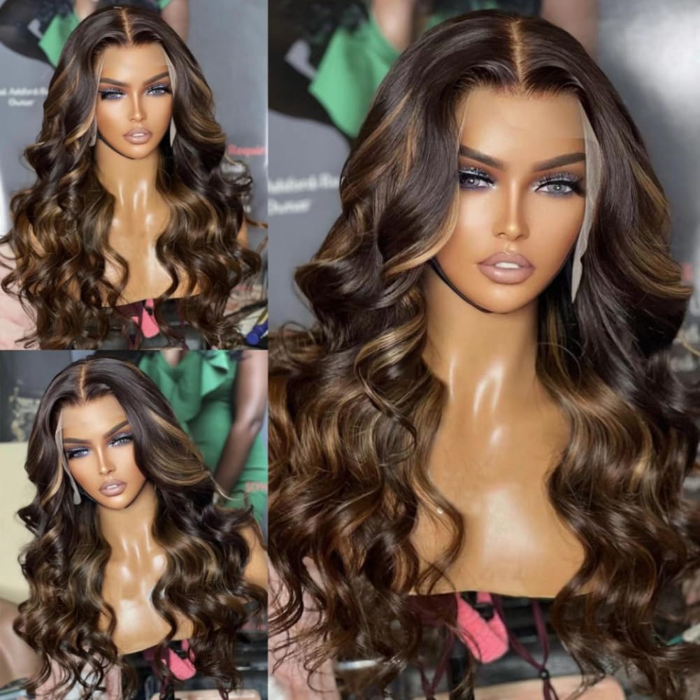 Glueless Brazilian Human Hair 13x4 Silk Top Wigs with Natural Hairline Blonde Thin Line Highlight Colored Body Wave Silk Base Wigs Full End (200 Density, 24inch)