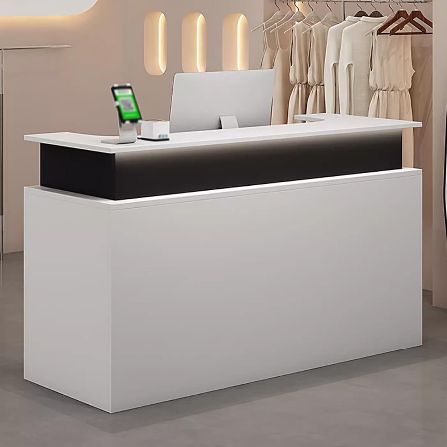 Modern Wooden Reception Desk, Front Counter Desk with LED Light Strip, Retail Checkout Counter with Double-Layer Countertop Design for Beauty Salon, Clothing Store, Office