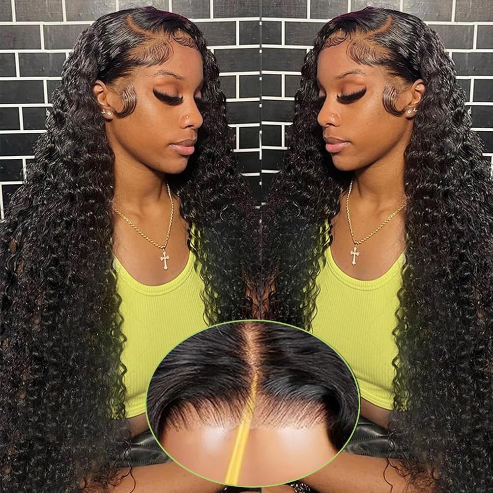 MOONBAY 5x5 HD Lace Closure Wig Human Hair Deep Wave 5x5 Lace Front Wigs for Women 200% Density Curly Lace Front Wig 100% Virgin Human Hair Pre Plucked Glueless Deep Wave Wig with Baby Hair 34 Inch