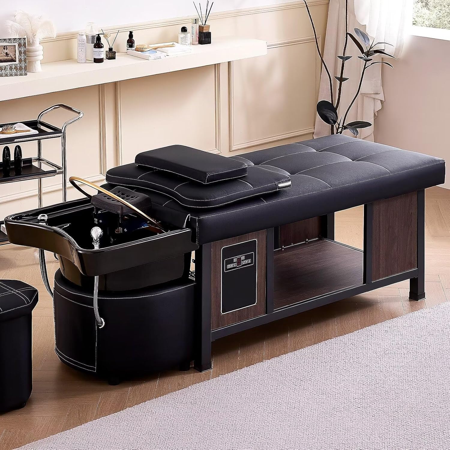 Head Treatment Shampoo Bed - Massage Shampoo Bed with Open Storage, Head Spa Equipment for Hair Stylist Beauty Salon (Water Cycle.Stool)